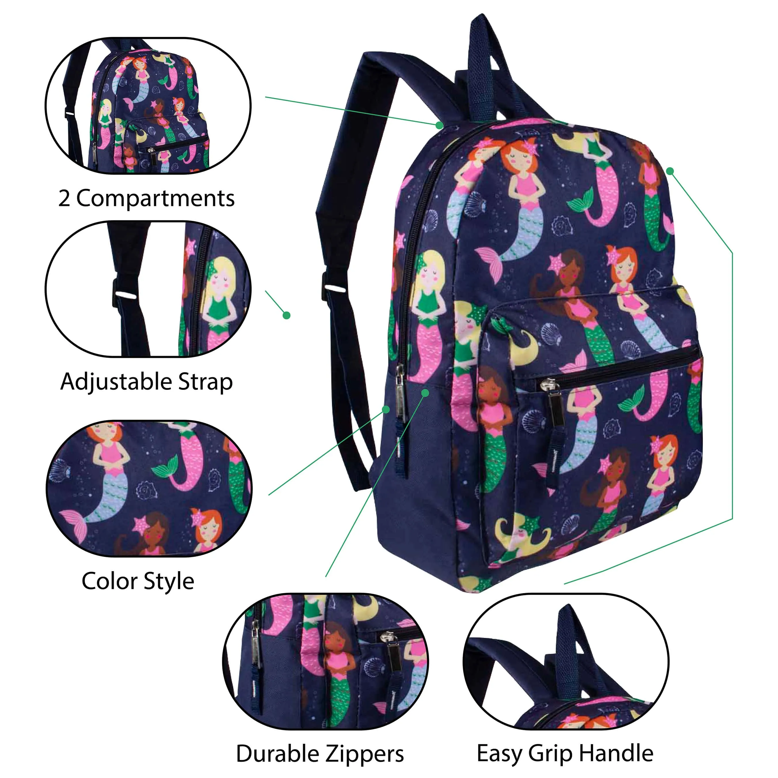 15" Kids Basic Wholesale Backpack in Assorted Prints - Bulk Case of 24