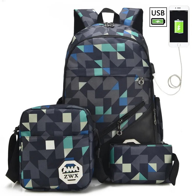 Backpacks USB Charging Backpacks For Teenager 3Pcs/Set   Shoulder School Bags Mochila Travel Bags