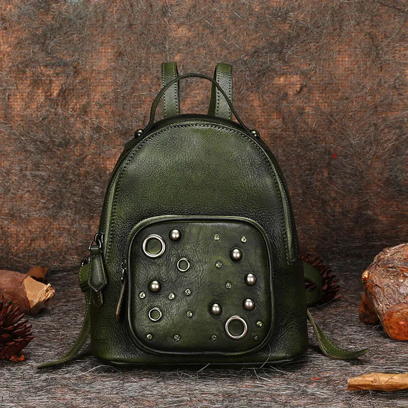 Best Vintage Rivet Black Gray Leather Rucksack Womens Small School Backpacks Leather Backpack Purse