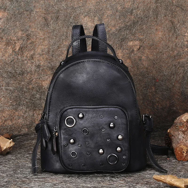 Best Vintage Rivet Brown Leather Rucksack Womens Small School Backpacks Leather Backpack Purse