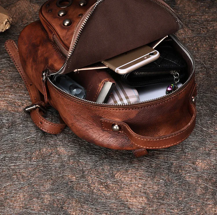 Best Vintage Rivet Brown Leather Rucksack Womens Small School Backpacks Leather Backpack Purse