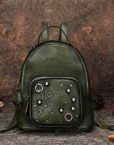 Best Vintage Rivet Brown Leather Rucksack Womens Small School Backpacks Leather Backpack Purse