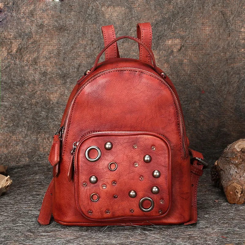 Best Vintage Rivet Leather Rucksack Womens Small School Backpacks Leather Backpack Purse