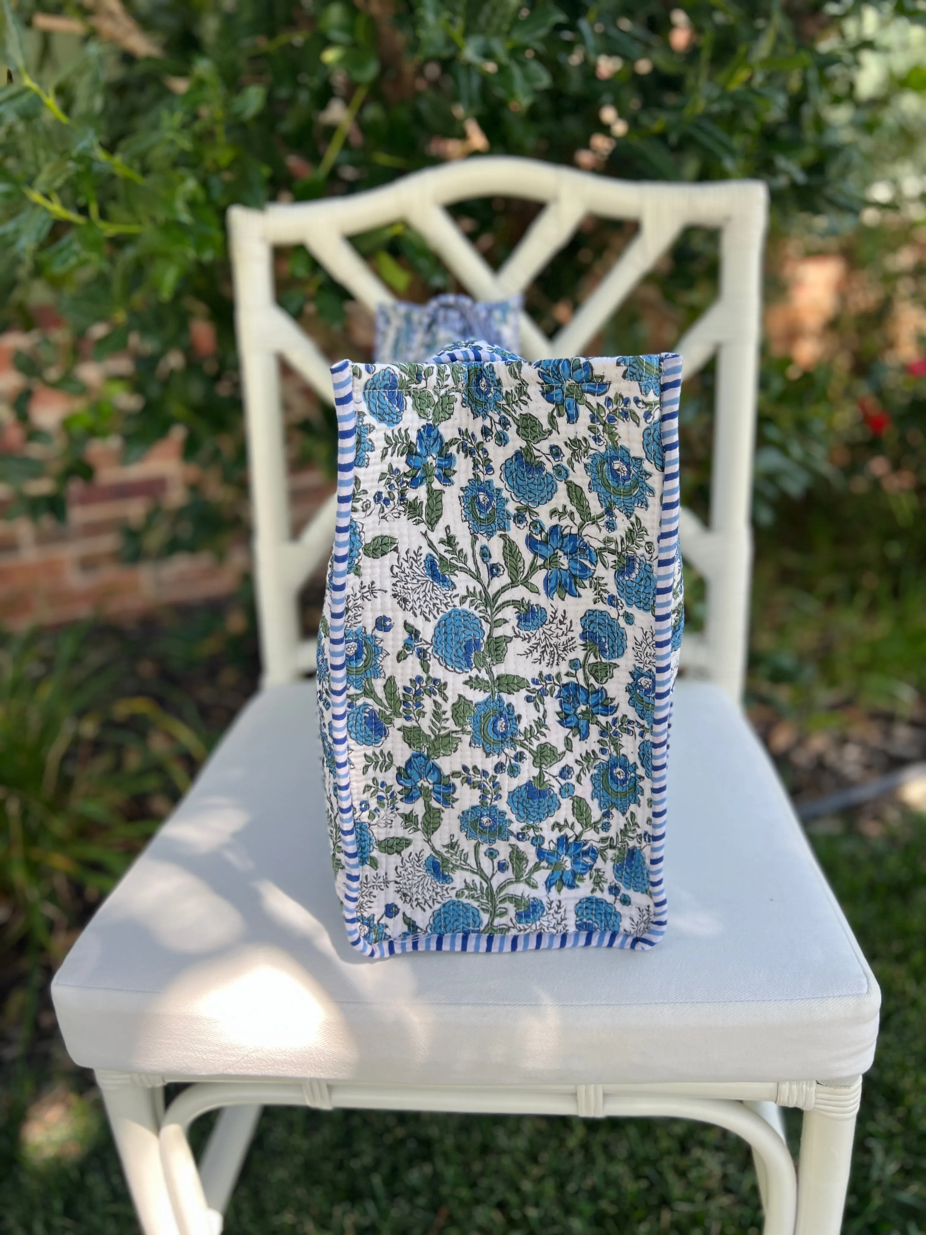 Blue and green block print tote bag monogram available