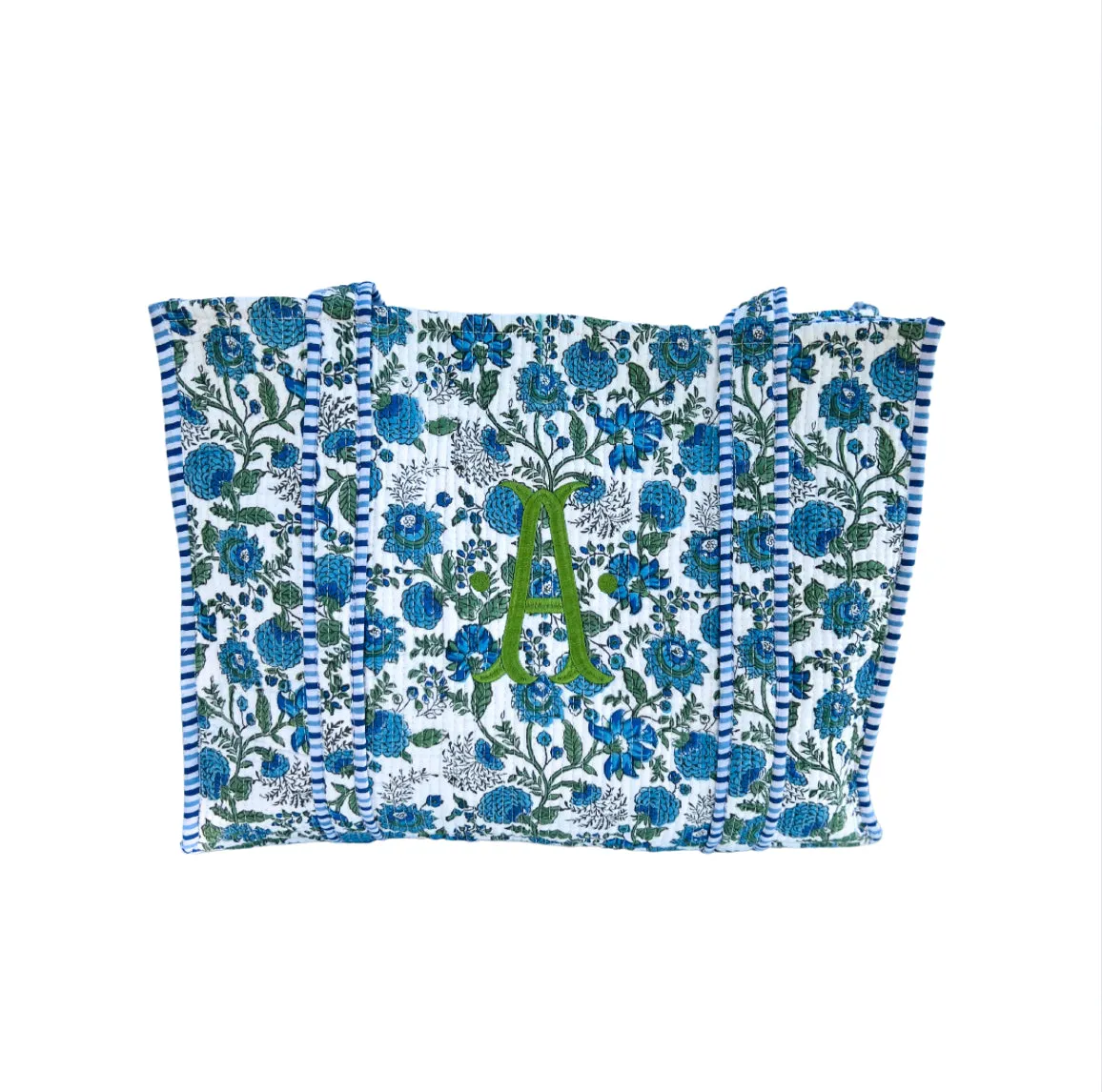 Blue and green block print tote bag monogram available