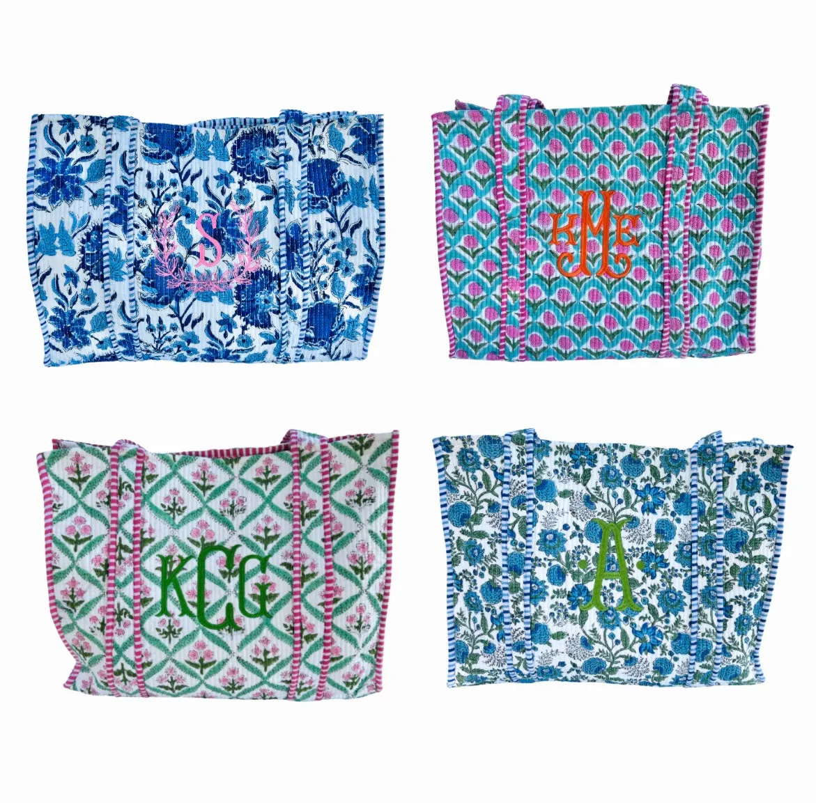 Blue and green block print tote bag monogram available