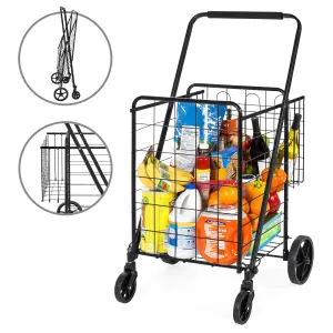 Folding Steel Storage Utility Shopping Cart w/ Bonus Basket, Swivel Wheels