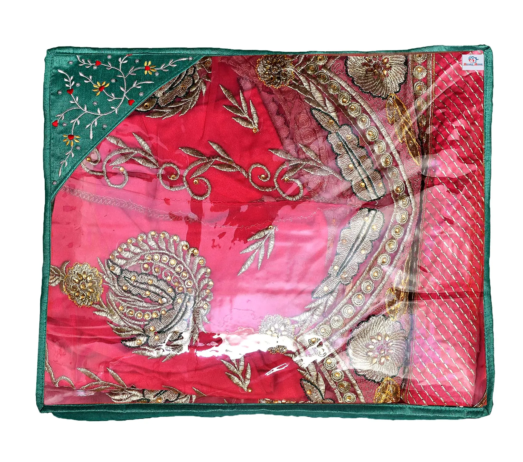 Heart Home Embroidery Design Non Woven 3" inch Foldable, Lightweigth Saree Cover/Clothes Organiser For Wardrobe With Transparent Top- Pack of 2 (Green)