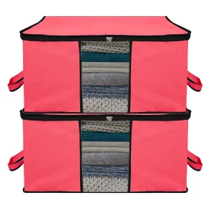 Heart Home Underbed Storage Bag | Clothes Storage Organizer | Blanket Cover with Clear Window | Zipper Closure & Handle Cloth Organizer | Plain Black Border | Large | Pack of 2 | Pink