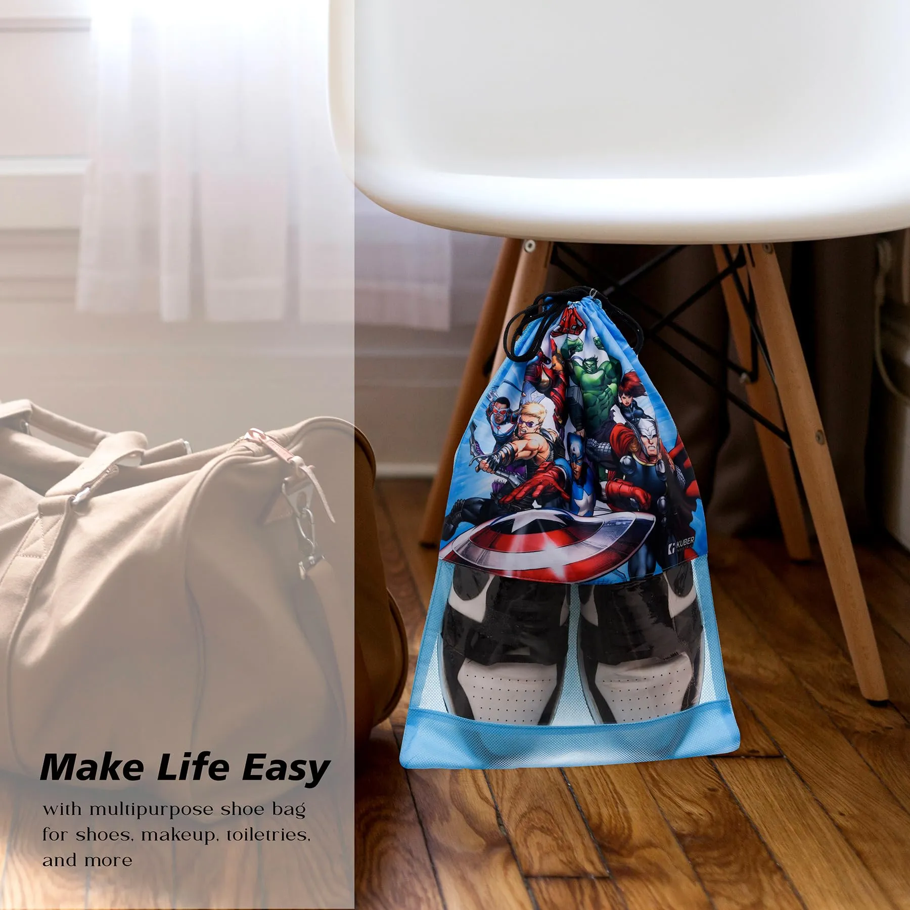 Kuber Industries Marvel Avengers Shoe Cover | Travel Shoe Storage Bags | Polyester Storage Bag | Drawstring Shoe Cover | Shoe Organizer with Clear Window | Pack of 6 | Multi