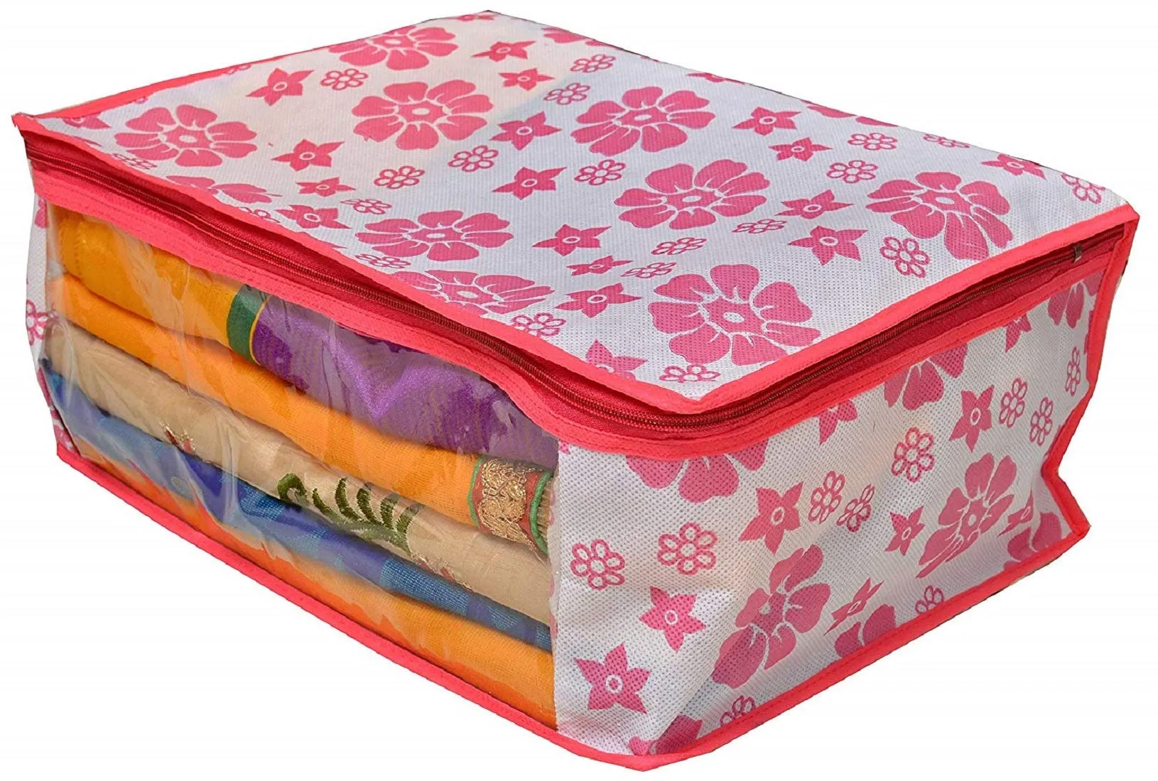 Kuber Industries Non-Woven Floral Design Non Woven Saree Cover Set|Transparent Window & Zipper Closure|Regular Cloth Bag|Wardrobe Organiser Set|Pack Of 6 (Pink)