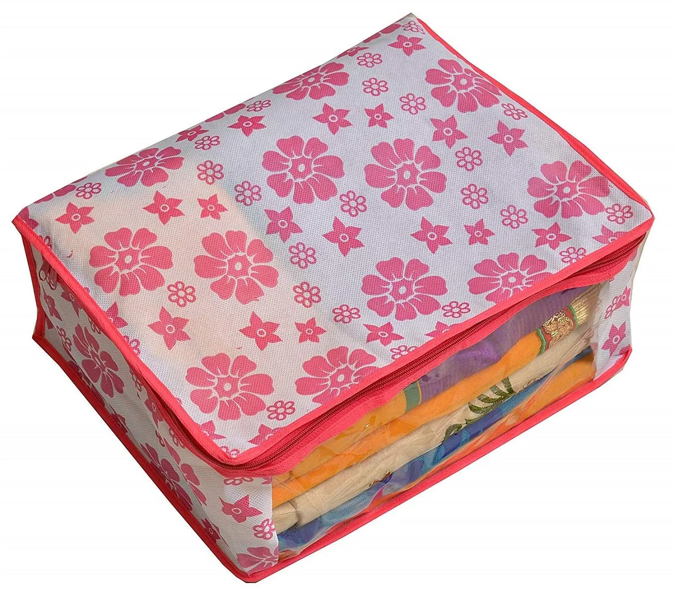 Kuber Industries Non-Woven Floral Design Non Woven Saree Cover Set|Transparent Window & Zipper Closure|Regular Cloth Bag|Wardrobe Organiser Set|Pack Of 6 (Pink)