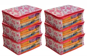 Kuber Industries Non-Woven Floral Design Non Woven Saree Cover Set|Transparent Window & Zipper Closure|Regular Cloth Bag|Wardrobe Organiser Set|Pack Of 6 (Pink)