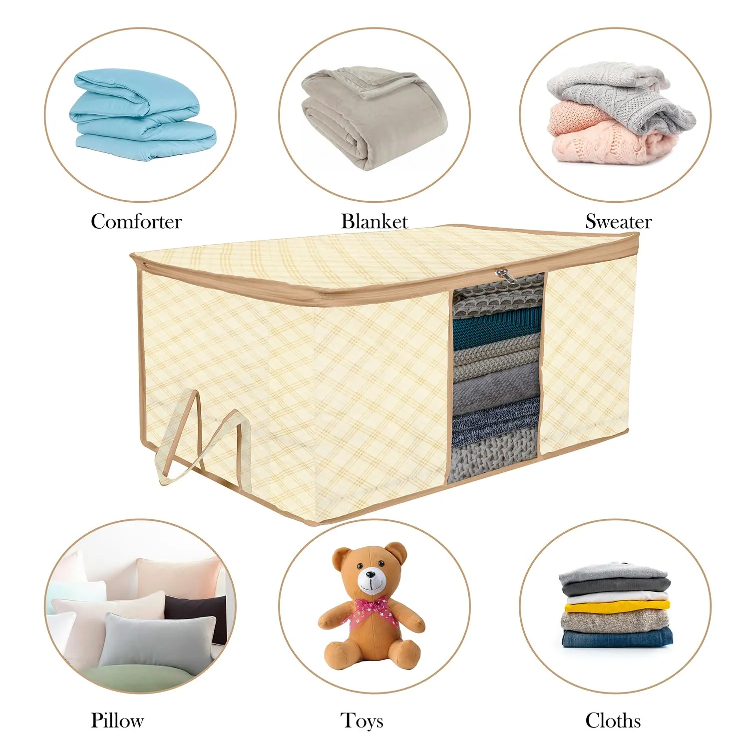 Kuber Industries Underbed Storage Bag | Clothes Storage Organizer | Blanket Cover with Clear Window | Zipper Closure & Handle Cloth Organizer | Check-Design | Large | Pack of 6 | Cream