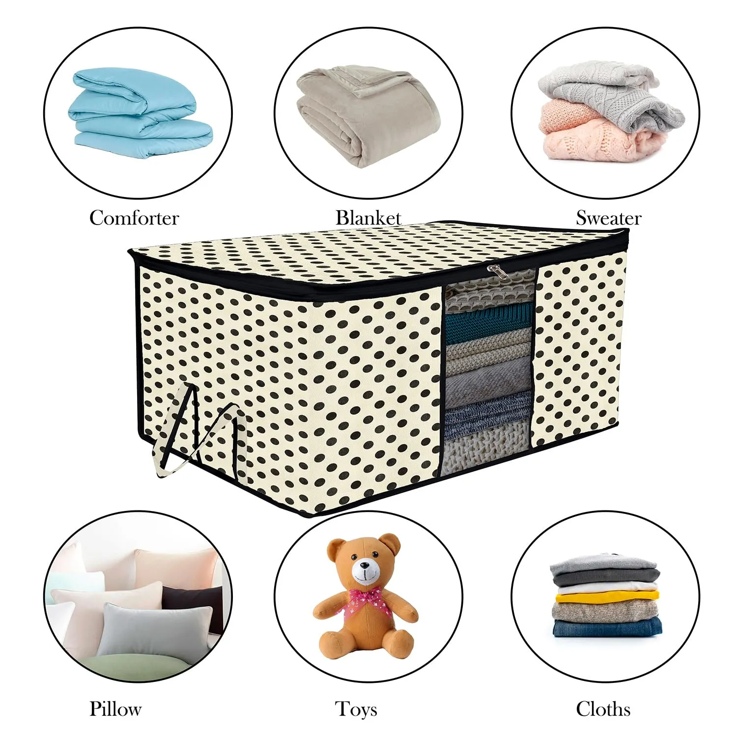 Kuber Industries Underbed Storage Bag | Clothes Storage Organizer | Blanket Cover with Clear Window | Zipper Closure & Handle Cloth Organizer | Dot-Design | Large | Pack of 2 | Cream