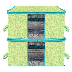 Kuber Industries Underbed Storage Bag | Clothes Storage Organizer | Blanket Cover with Clear Window | Zipper Closure & Handle Cloth Organizer | Leaf-Design | Large | Pack of 2 | Green