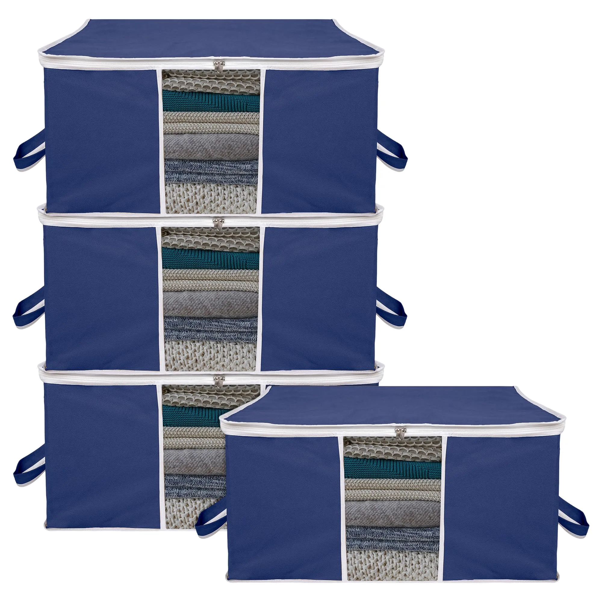 Kuber Industries Underbed Storage Bag | Clothes Storage Organizer | Blanket Cover with Clear Window | Zipper Closure & Handle Cloth Organizer | Plain White Border | Large | Pack of 4 | Navy Blue