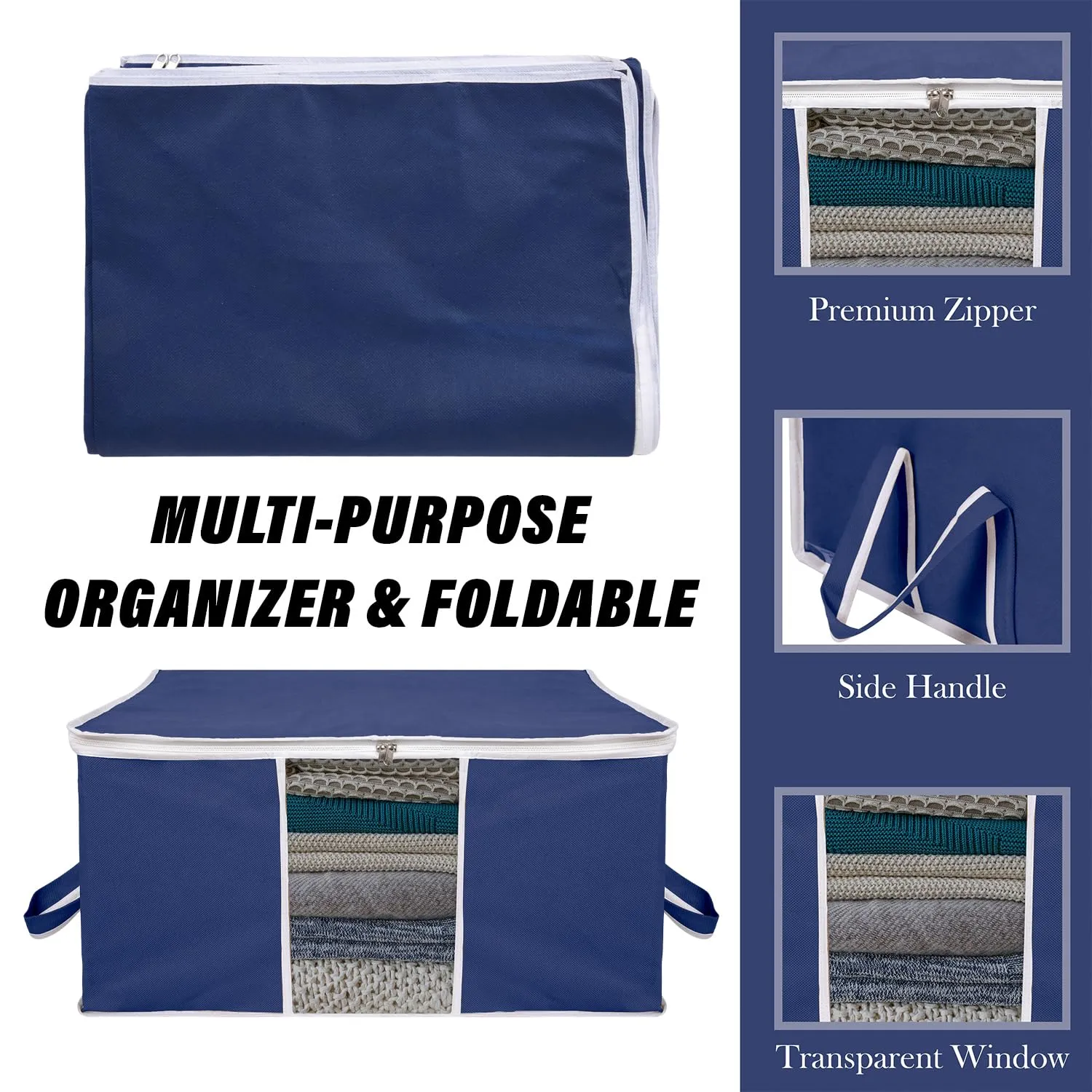 Kuber Industries Underbed Storage Bag | Clothes Storage Organizer | Blanket Cover with Clear Window | Zipper Closure & Handle Cloth Organizer | Plain White Border | Large | Pack of 4 | Navy Blue