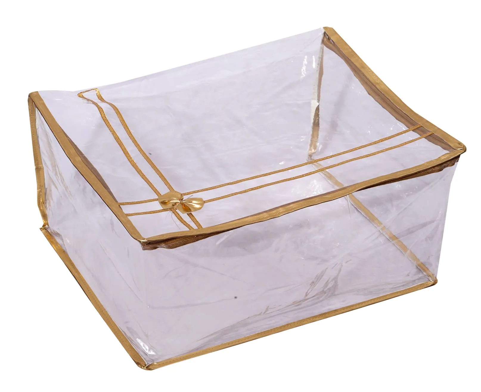 Kuber IndustriesBow Design 7"inch Transparent Saree Cover/Clothes Organiser For Wardrobe With Golden Border (Set of 2,Gold)-HS_38_KUBMART21548