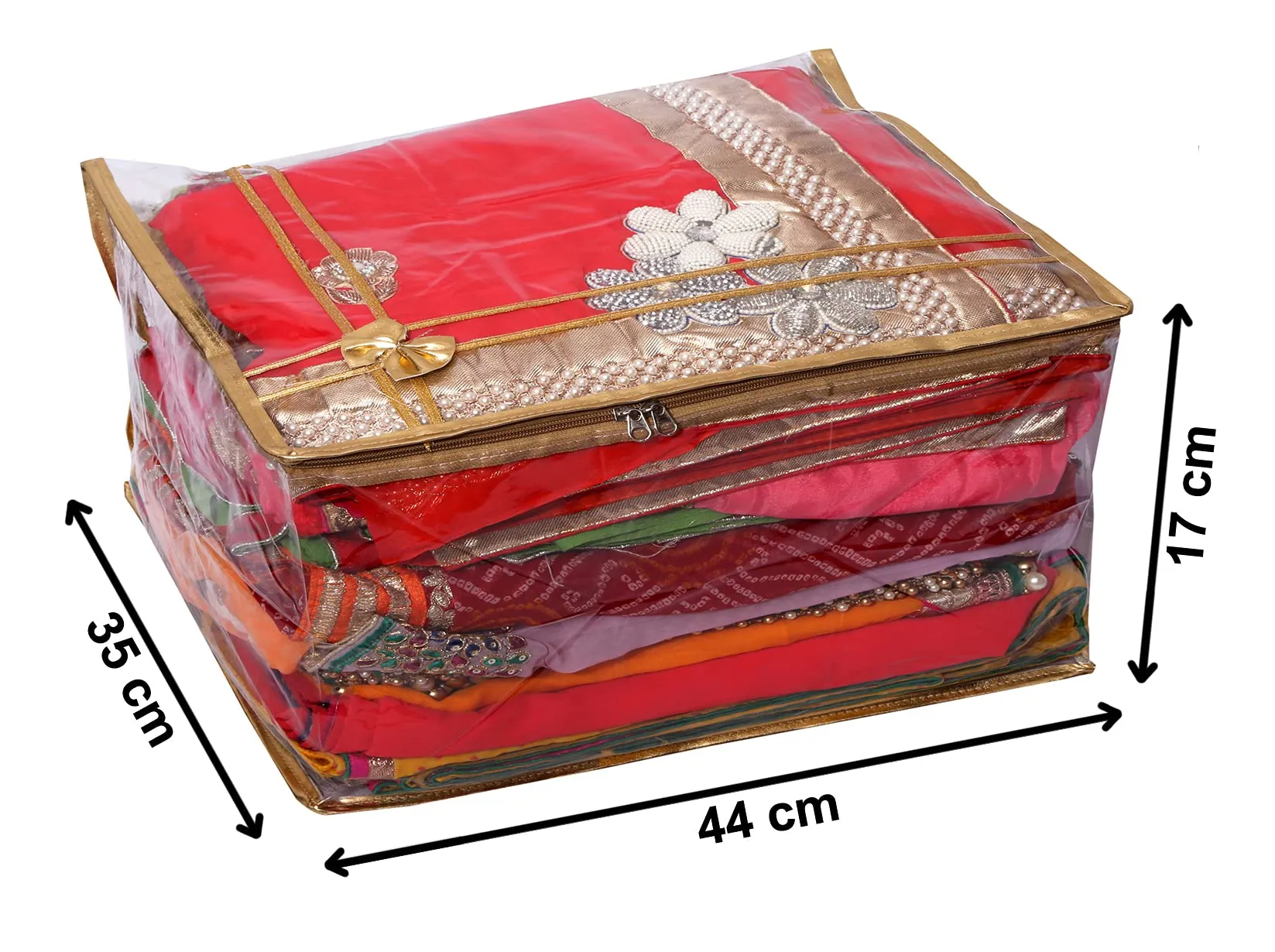 Kuber IndustriesBow Design 7"inch Transparent Saree Cover/Clothes Organiser For Wardrobe With Golden Border (Set of 2,Gold)-HS_38_KUBMART21548