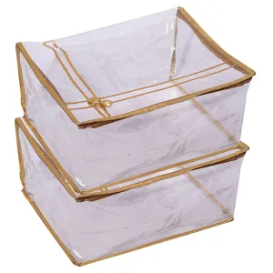 Kuber IndustriesBow Design 7"inch Transparent Saree Cover/Clothes Organiser For Wardrobe With Golden Border (Set of 2,Gold)-HS_38_KUBMART21548