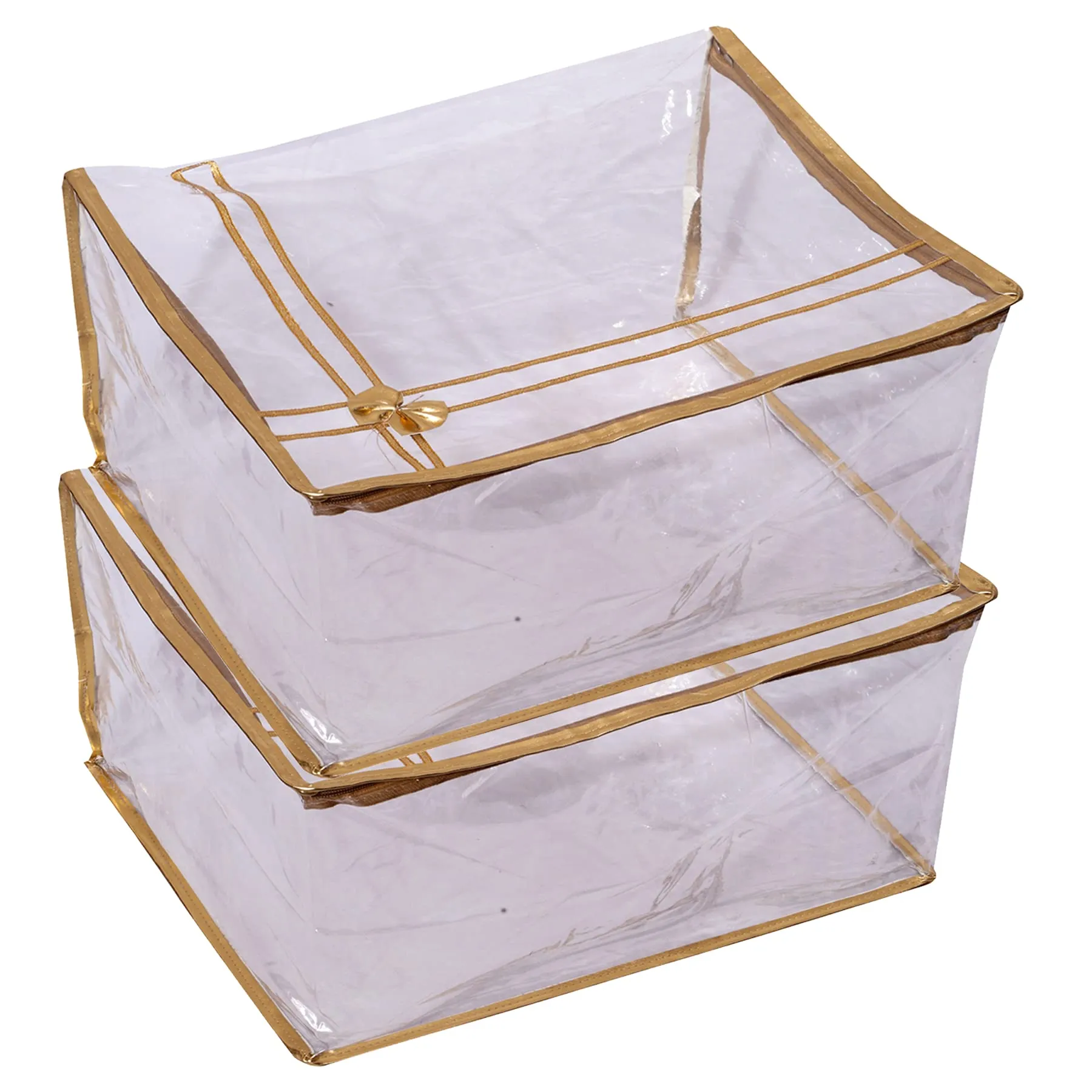 Kuber IndustriesBow Design 7"inch Transparent Saree Cover/Clothes Organiser For Wardrobe With Golden Border (Set of 2,Gold)-HS_38_KUBMART21548