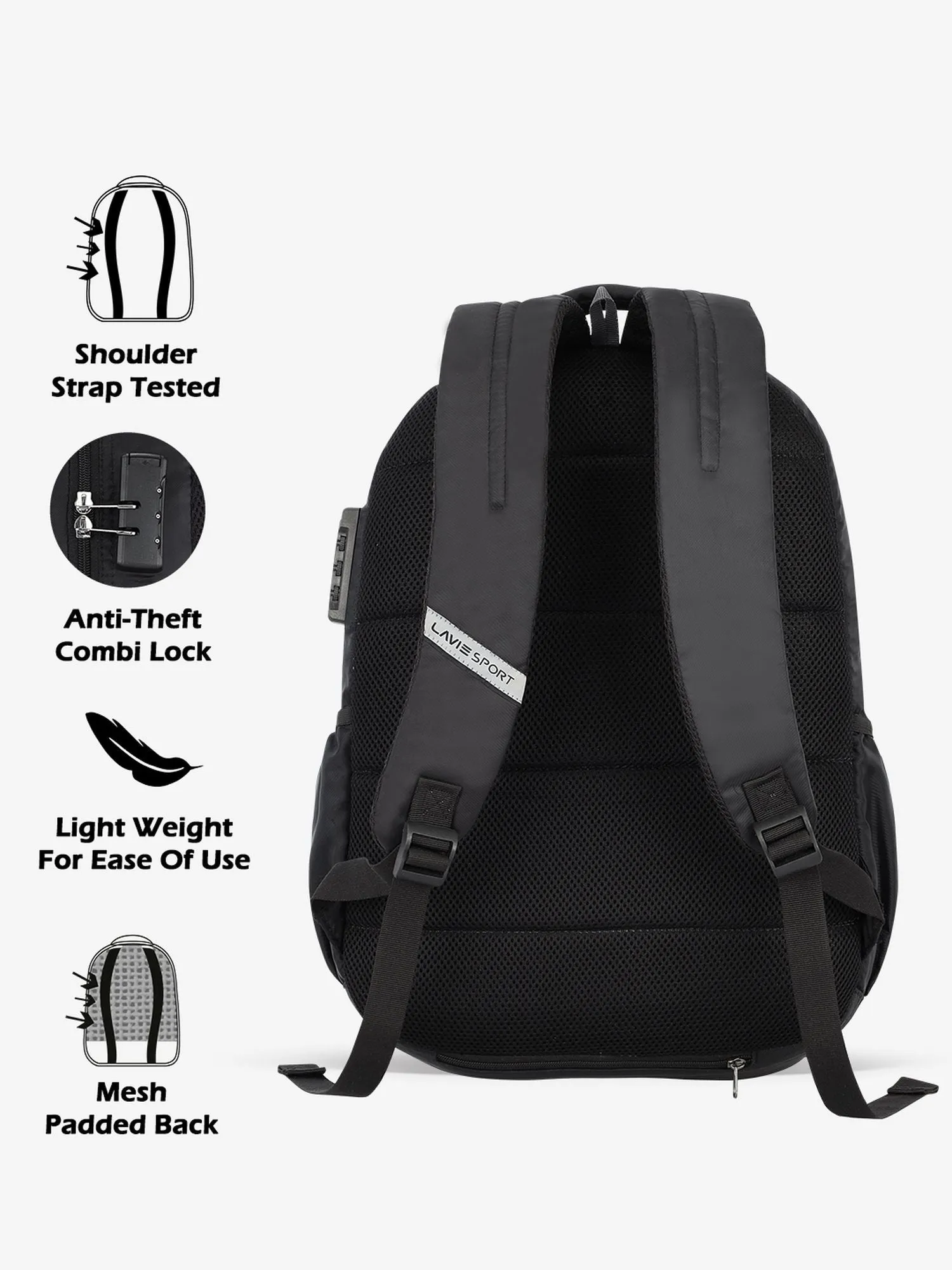 Lavie Sport Business RC 33L Anti-theft & Raincover Laptop Backpack For Men & Women | Laptop Bag For Boys & Girls Black