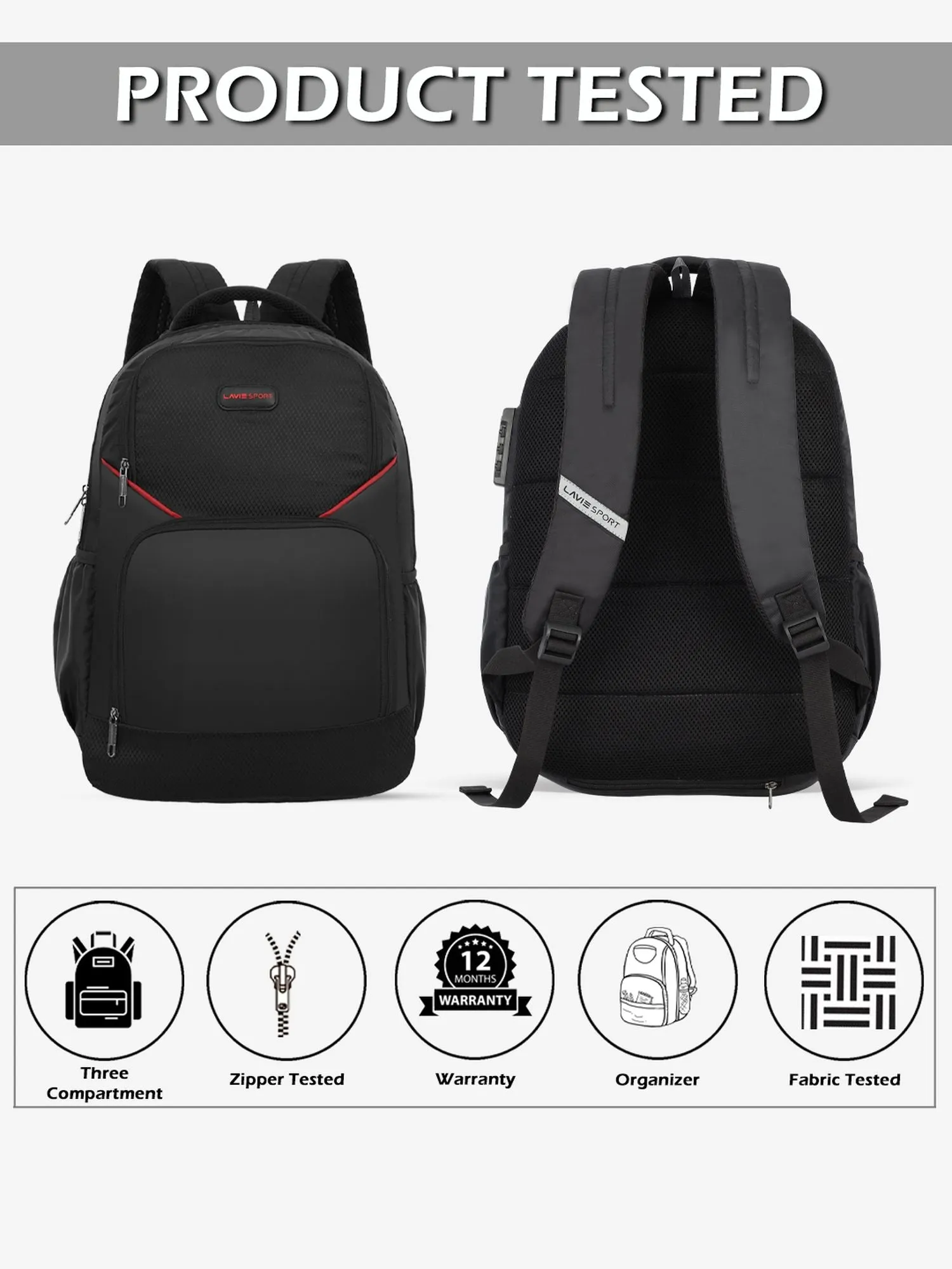 Lavie Sport Business RC 33L Anti-theft & Raincover Laptop Backpack For Men & Women | Laptop Bag For Boys & Girls Black