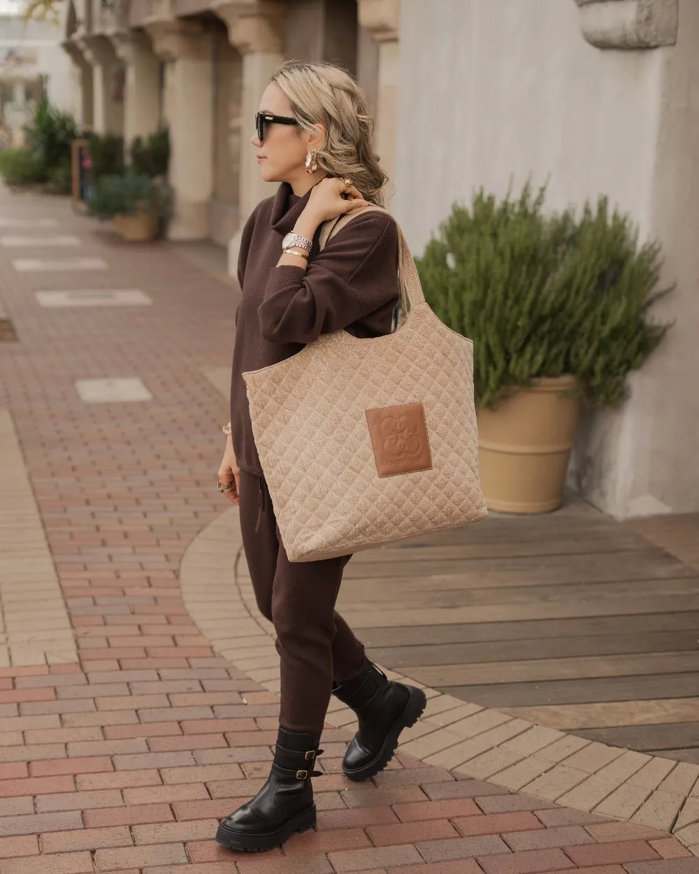 Maxi Quilted Denim Tote Bag Tan