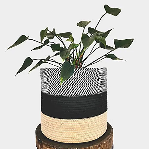 pepme Jute Cotton Planter Basket, 12 Inches for Plant Pot Storage (Tri Band, Beige, Black, Zigzag, Pack of 1)