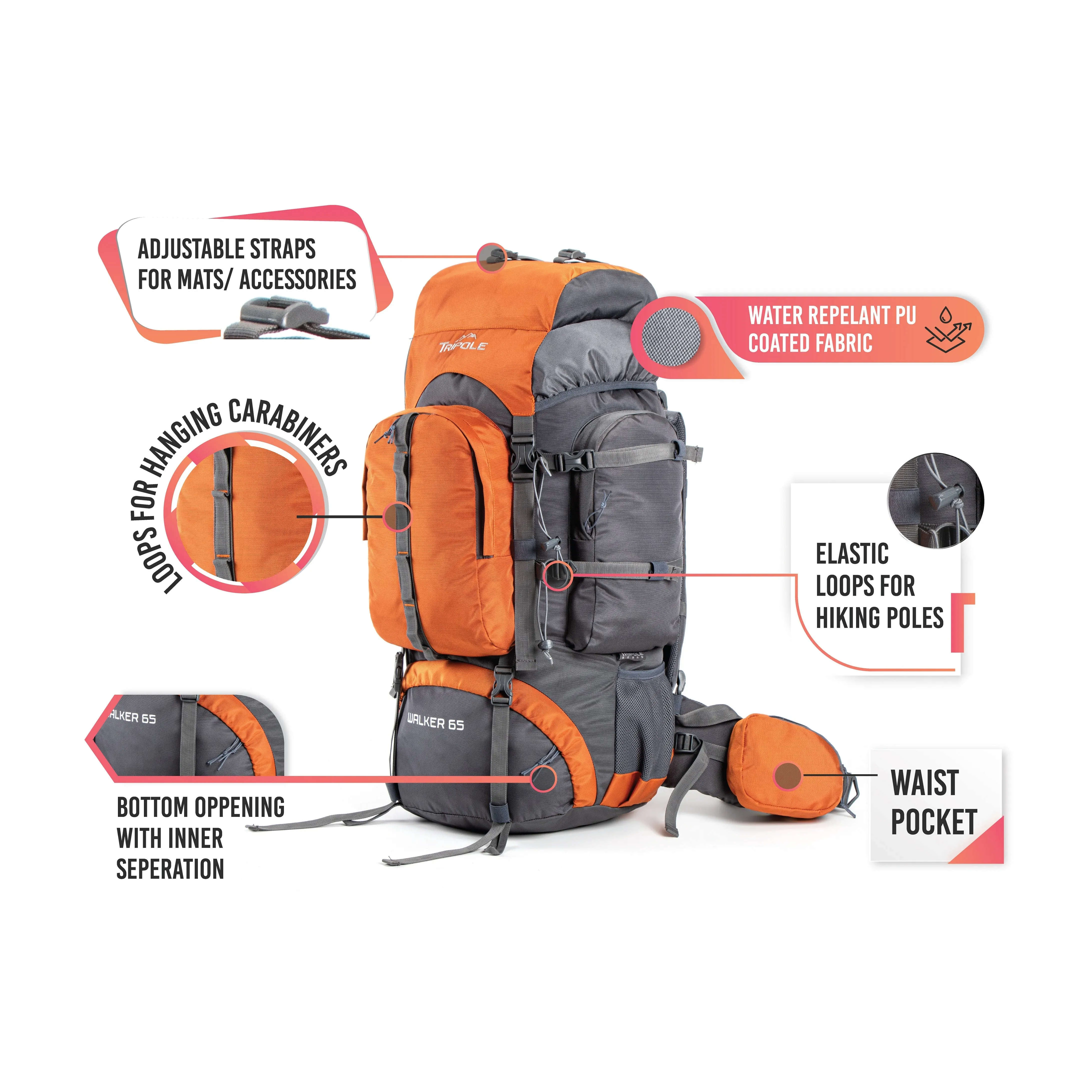 Walker 65 Litre Rucksack (Grey & Orange)   Foldable Day Pack