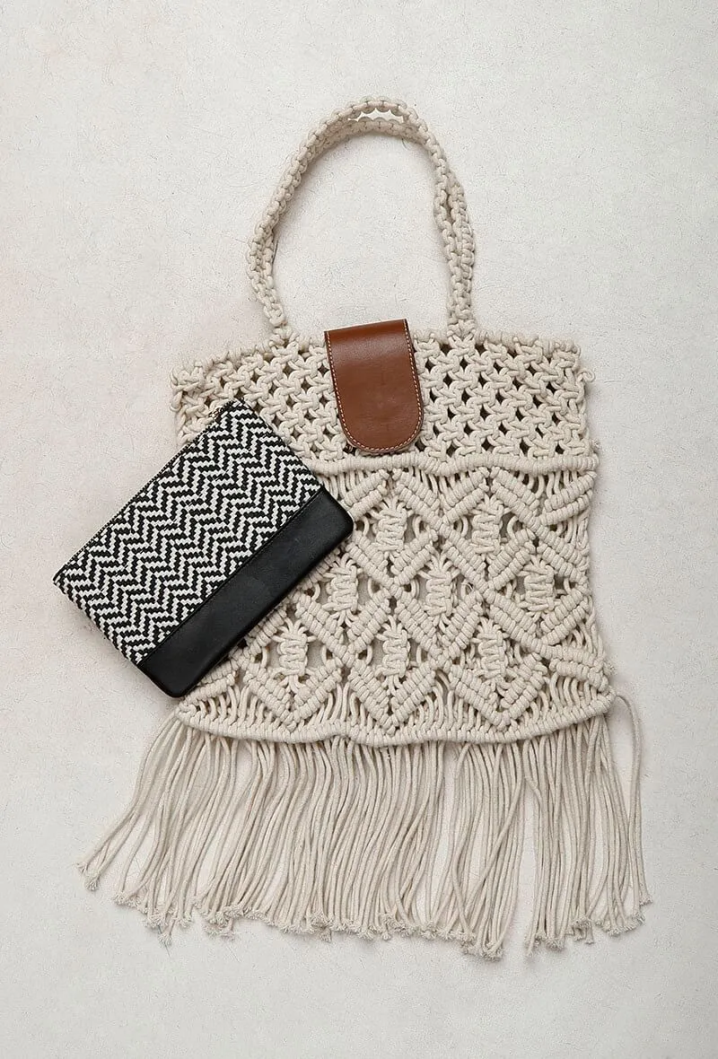 White Macrame Tote Bag With Jaccurd Cruelty Free Leather Pouch