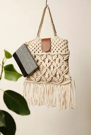 White Macrame Tote Bag With Jaccurd Cruelty Free Leather Pouch