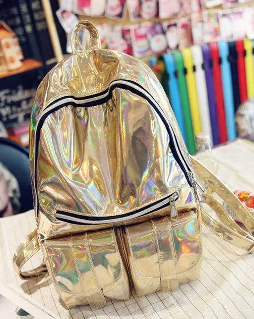 women backpack silver hologram backpack laser back pack men's bag leather holographic daypack sac a dos mochila masculina