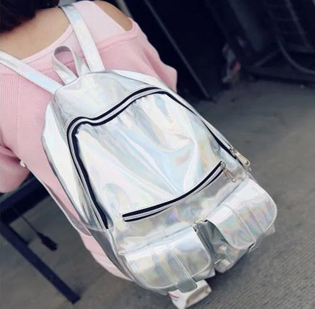 women backpack silver hologram backpack laser back pack men's bag leather holographic daypack sac a dos mochila masculina